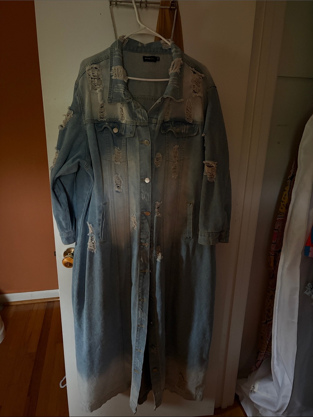 Distressed Long Light Blue Denim Jacket Coat